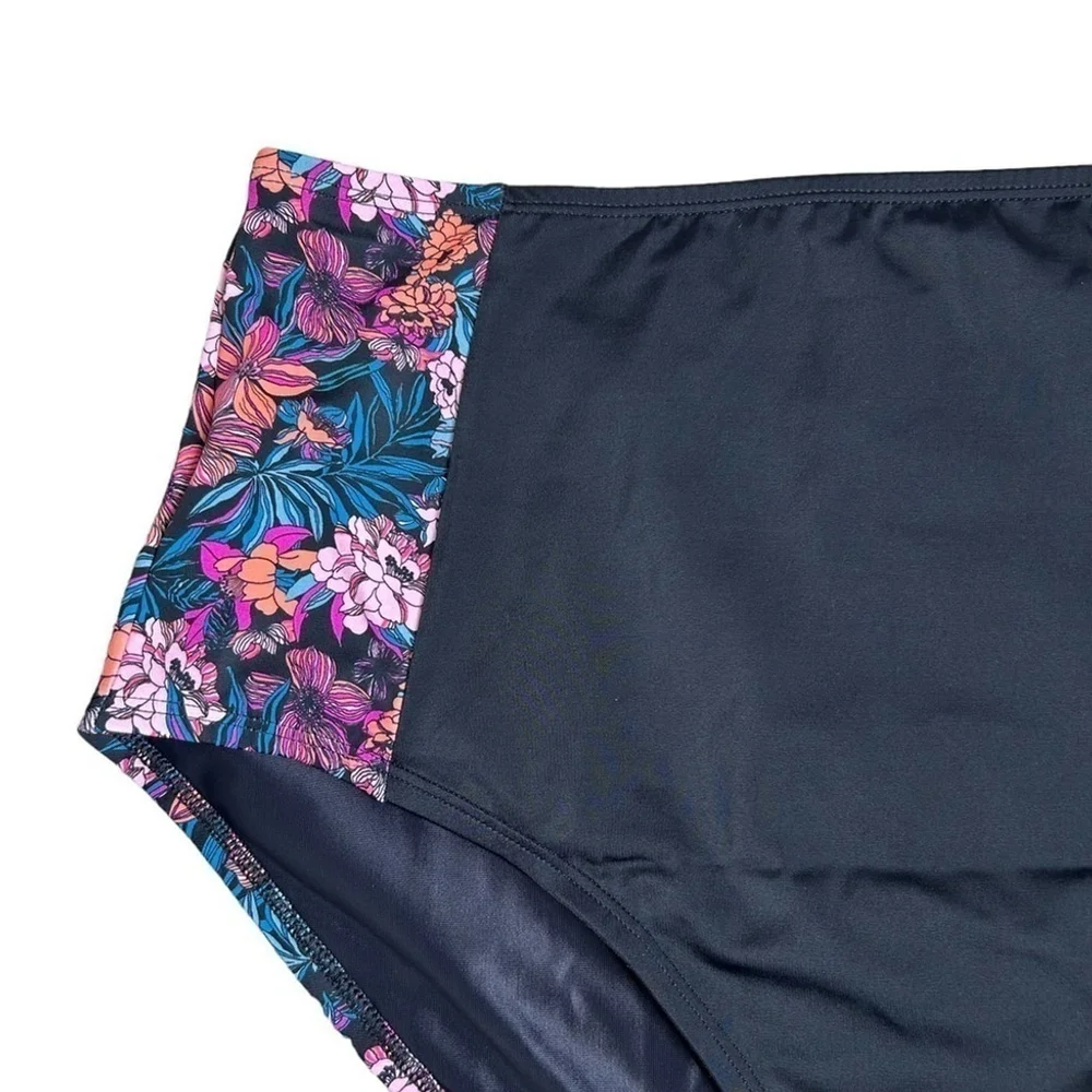 Venus Black Floral Print Maximum Shaping High-Waist Swim Bikini Bottom Size 18